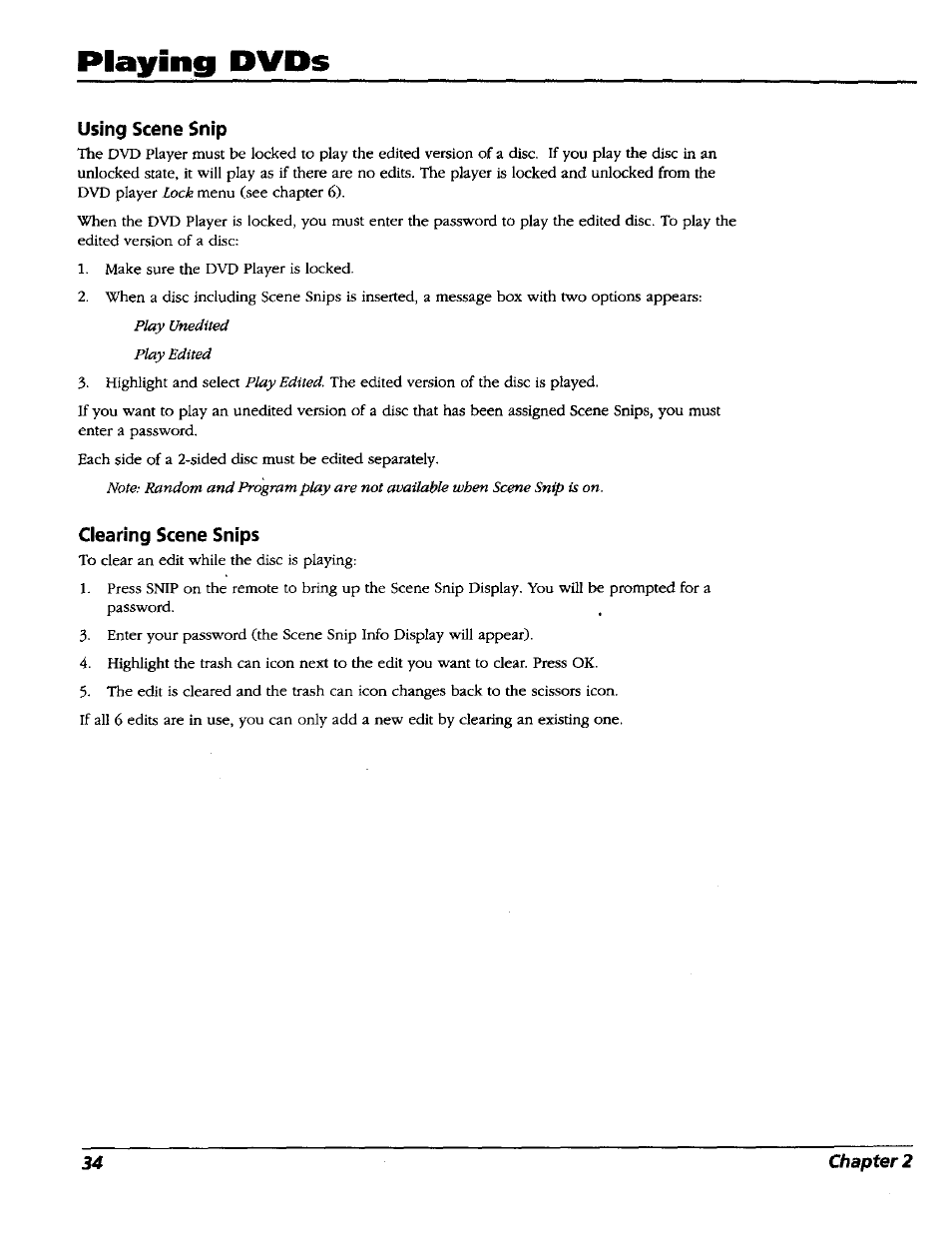 Using scene snip, Clearing scene snips, Playing dvds | RCA RC5227P User Manual | Page 36 / 111