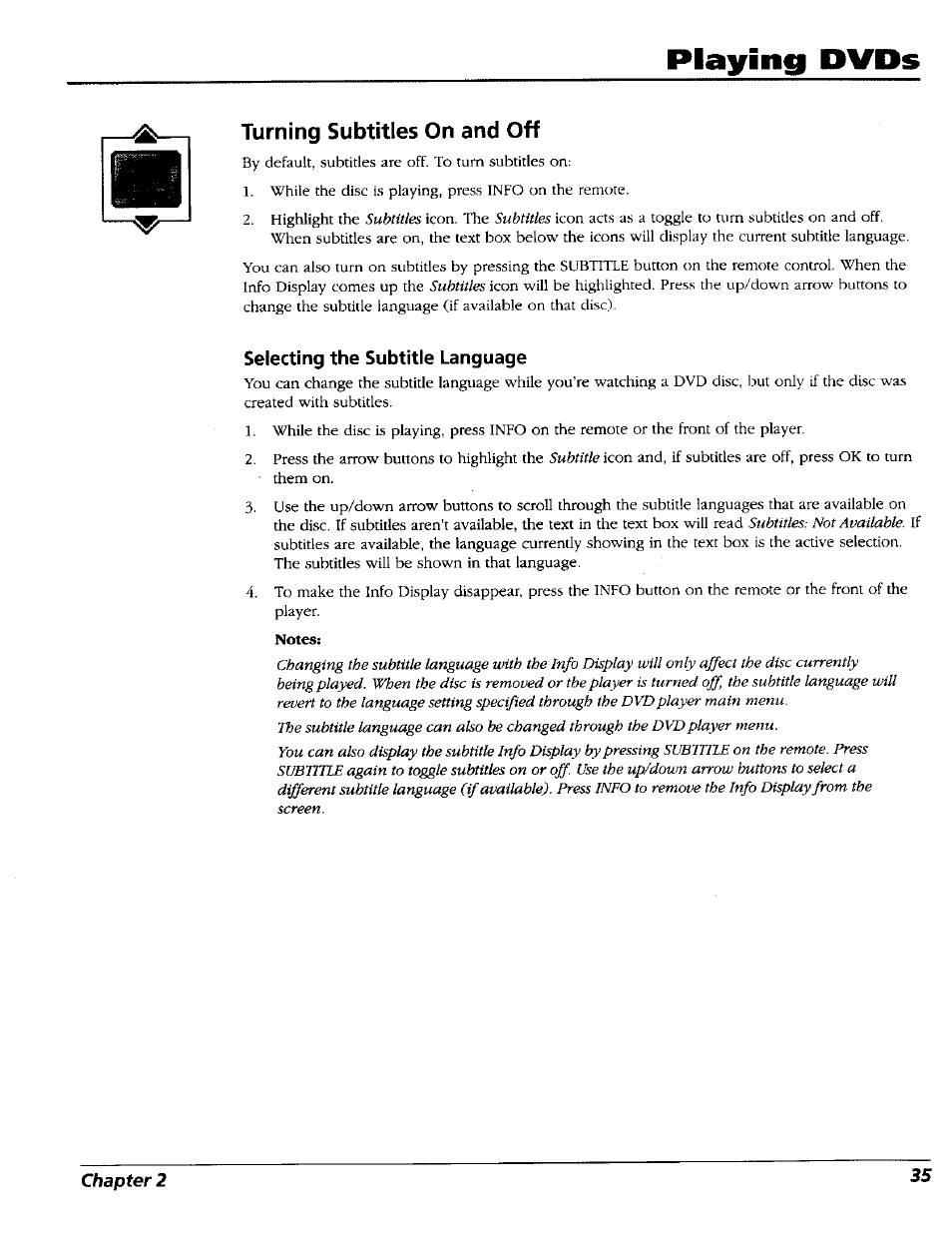 Turning subtitles on and off, Selecting the subtitle language, Playingi dvds | RCA RC5227P User Manual | Page 37 / 111