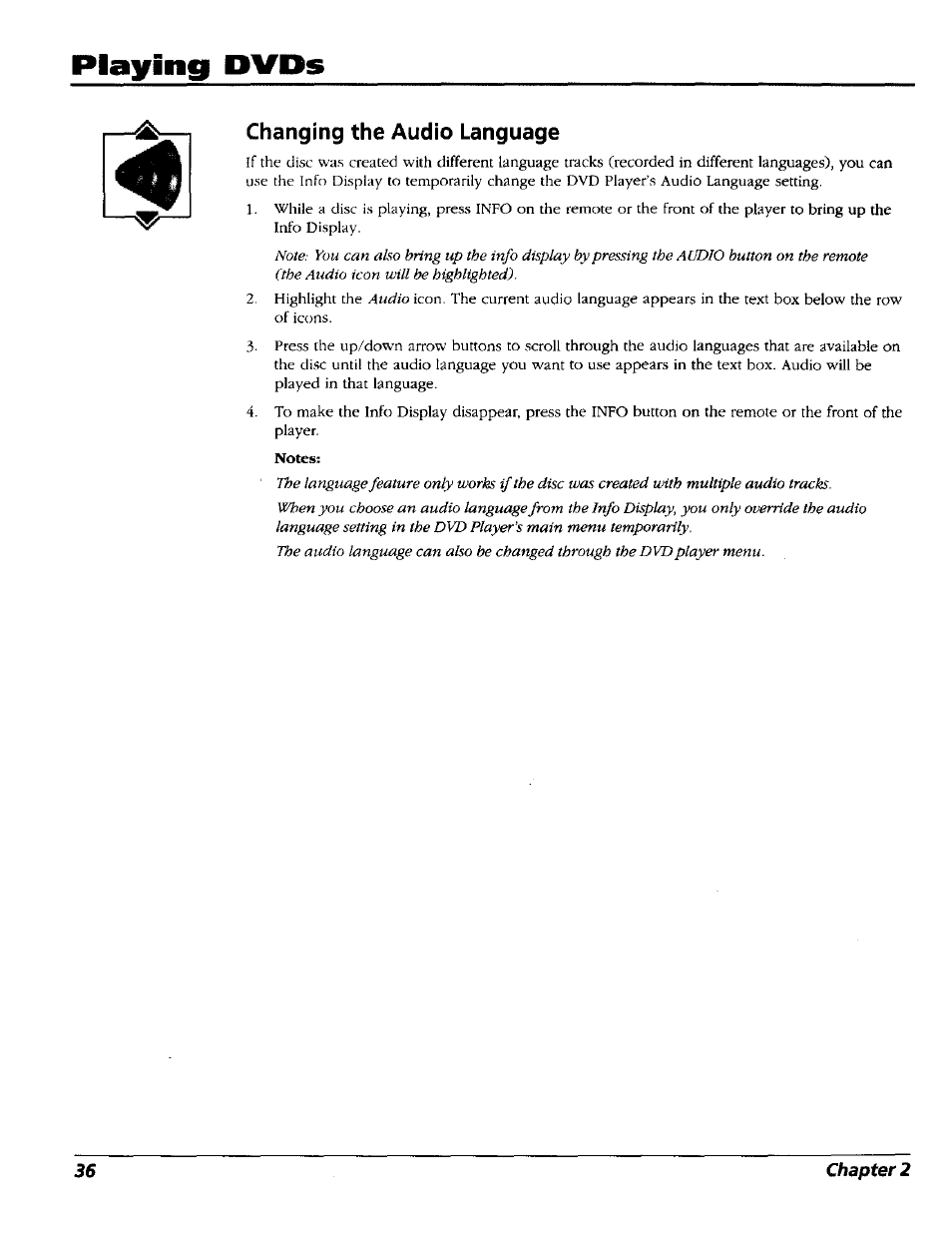 Changing the audio language, Playing dvds | RCA RC5227P User Manual | Page 38 / 111