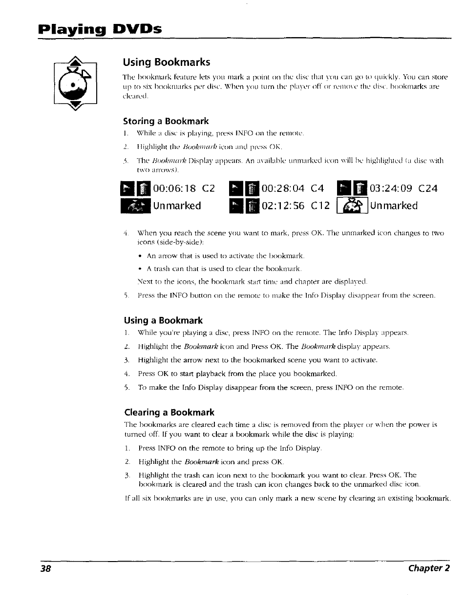 Using bookmarks, Storing a bookmark, Using a bookmark | Clearing a bookmark, Playing dvds | RCA RC5227P User Manual | Page 40 / 111