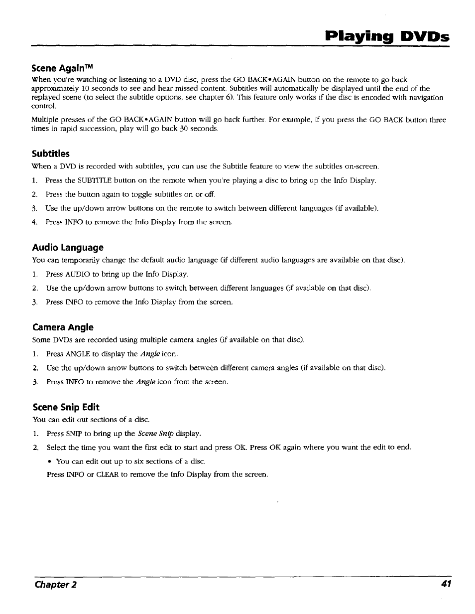 Scene again, Subtitles, Audio language | Camera angle, Scene snip edit, Playing dvds | RCA RC5227P User Manual | Page 43 / 111