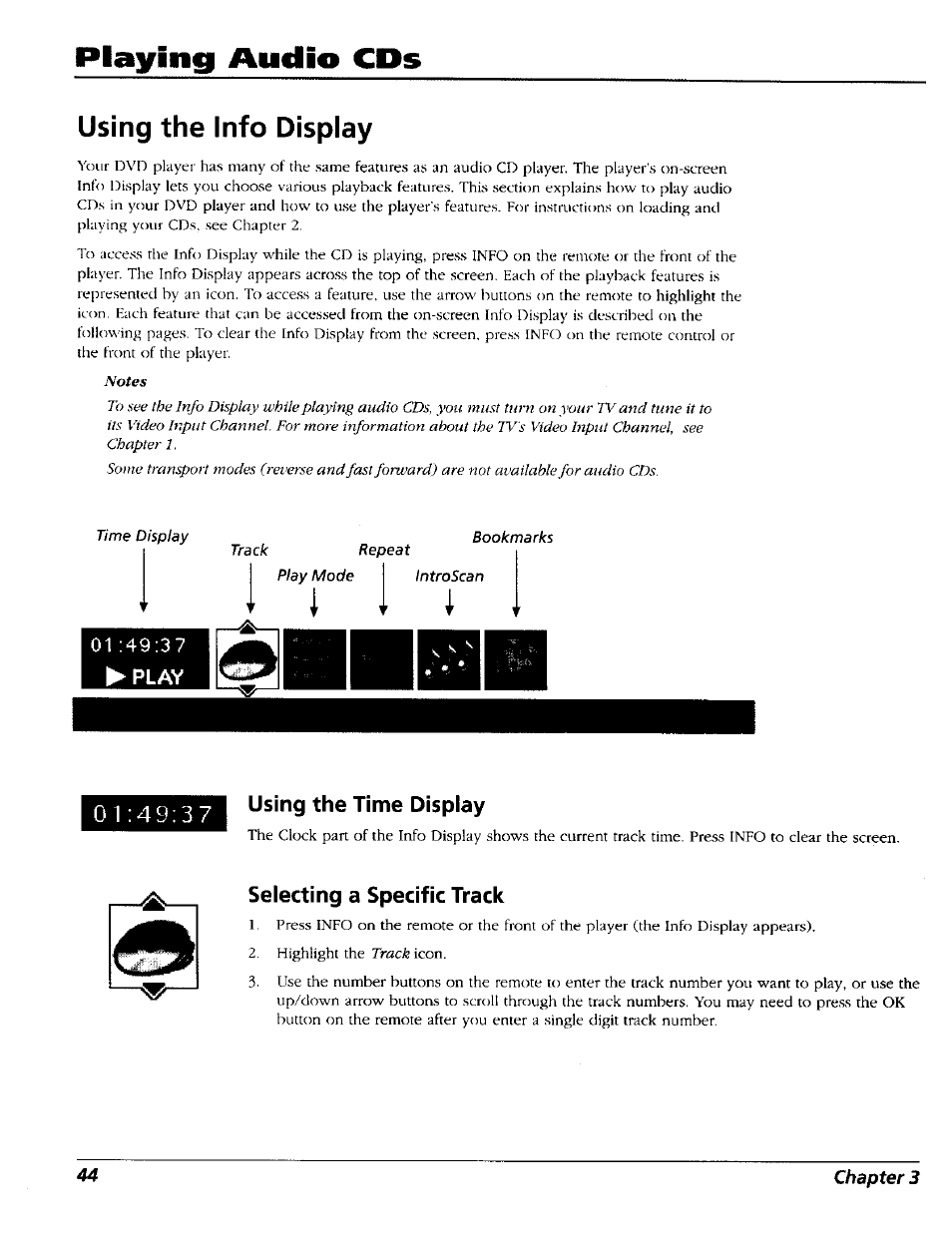 Using the info display, Using the time display, Selecting a specific track | Using the time display selecting a specific track, Playing audio cds | RCA RC5227P User Manual | Page 46 / 111