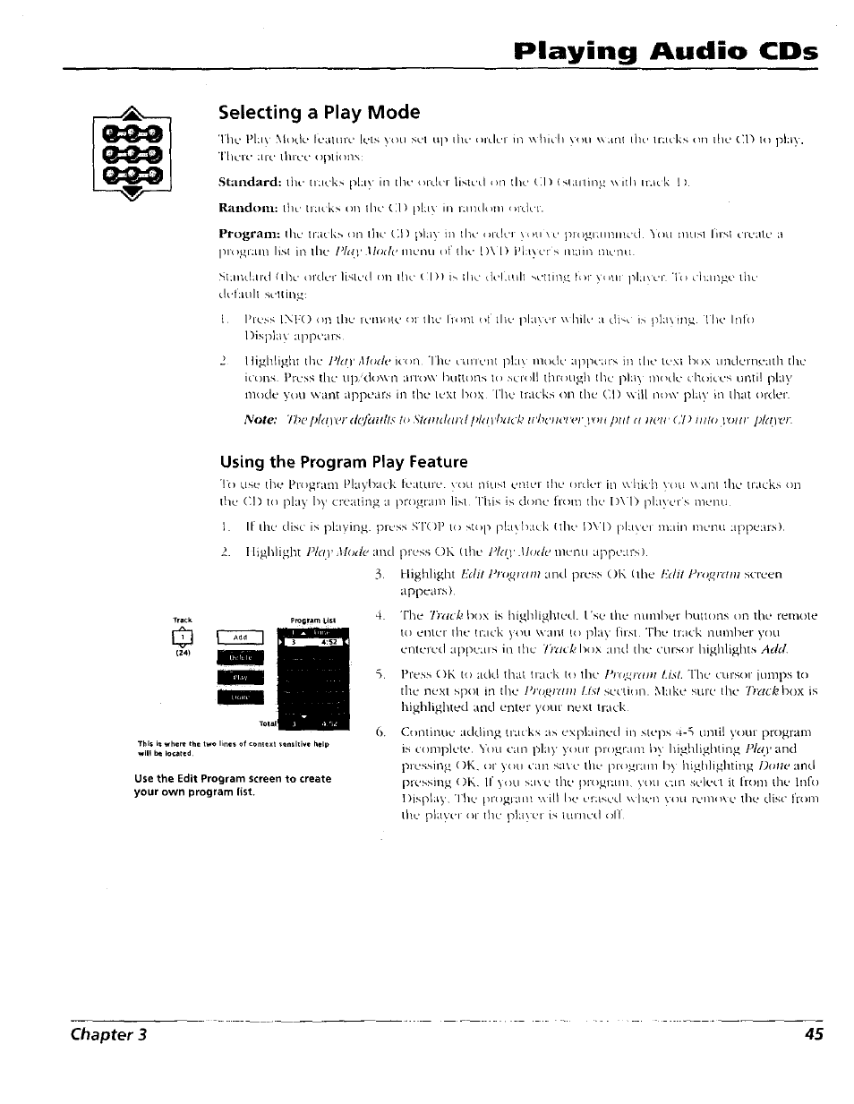 Selecting a play mode, Using the program piay feature, Playing audio cds | RCA RC5227P User Manual | Page 47 / 111