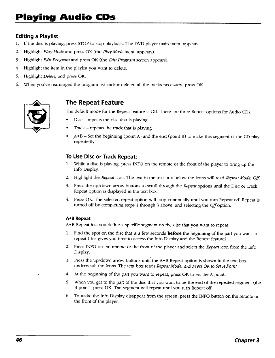 Editing a piaylist, The repeat feature, To use disc or track repeat | A*b repeat, Playing audio cds | RCA RC5227P User Manual | Page 48 / 111