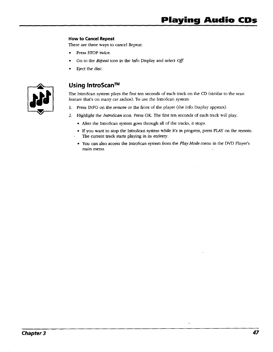 How to cancel repeat, Using introscan, Playing audio cds | RCA RC5227P User Manual | Page 49 / 111