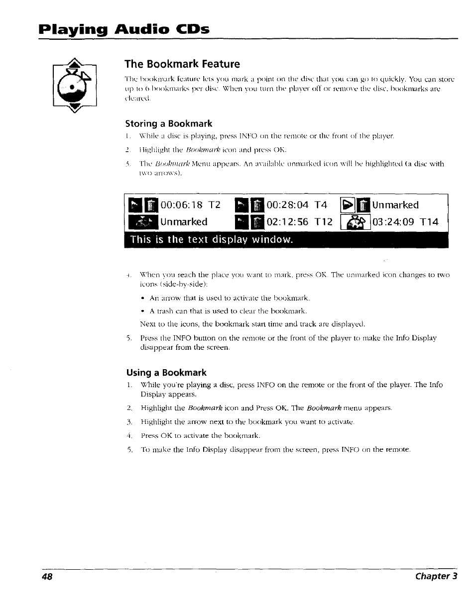 The bookmark feature, Storing a bookmark, Using a bookmark | Playing awdio cps | RCA RC5227P User Manual | Page 50 / 111