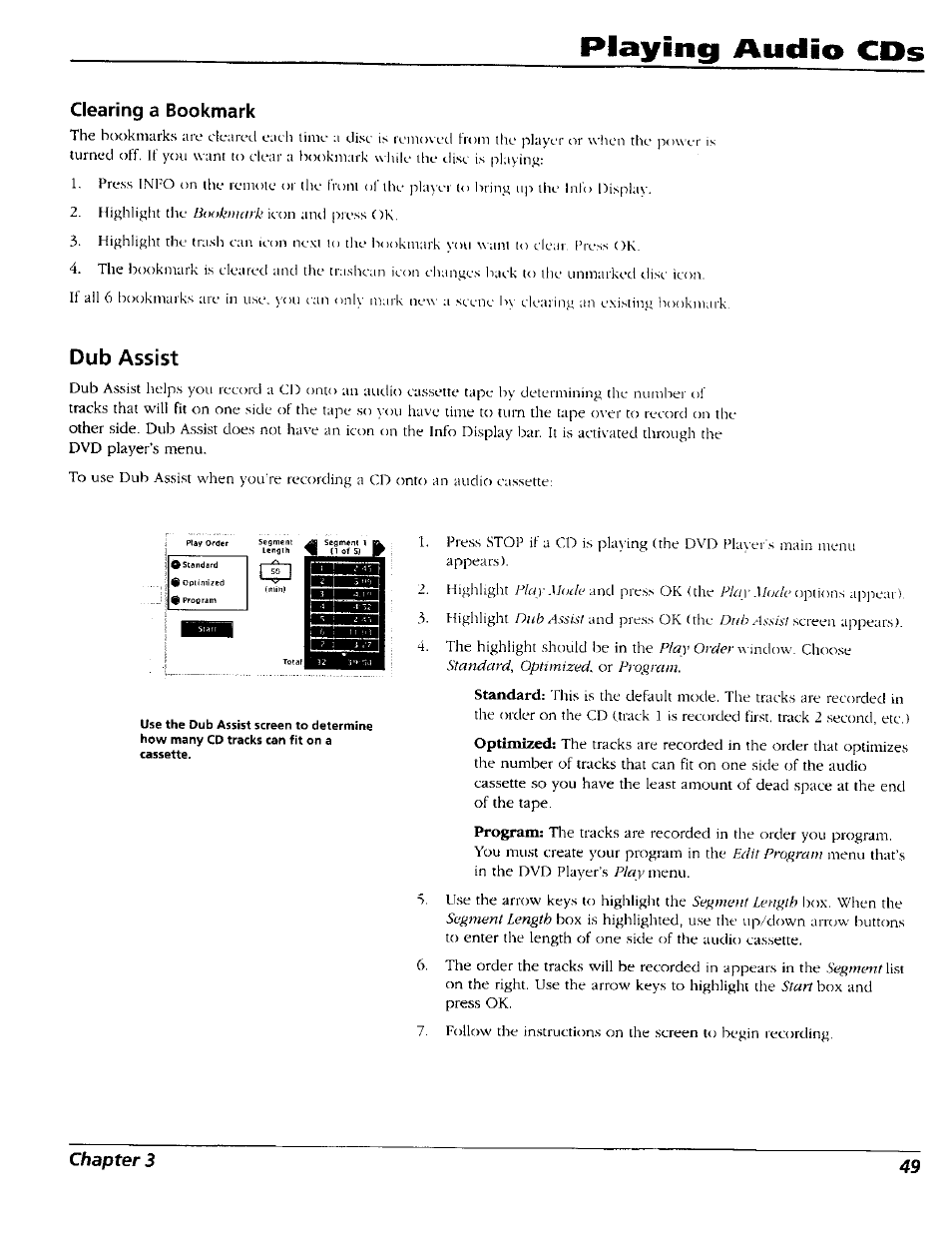 Clearing a bookmark, Dub assist, Playing audio cds | RCA RC5227P User Manual | Page 51 / 111