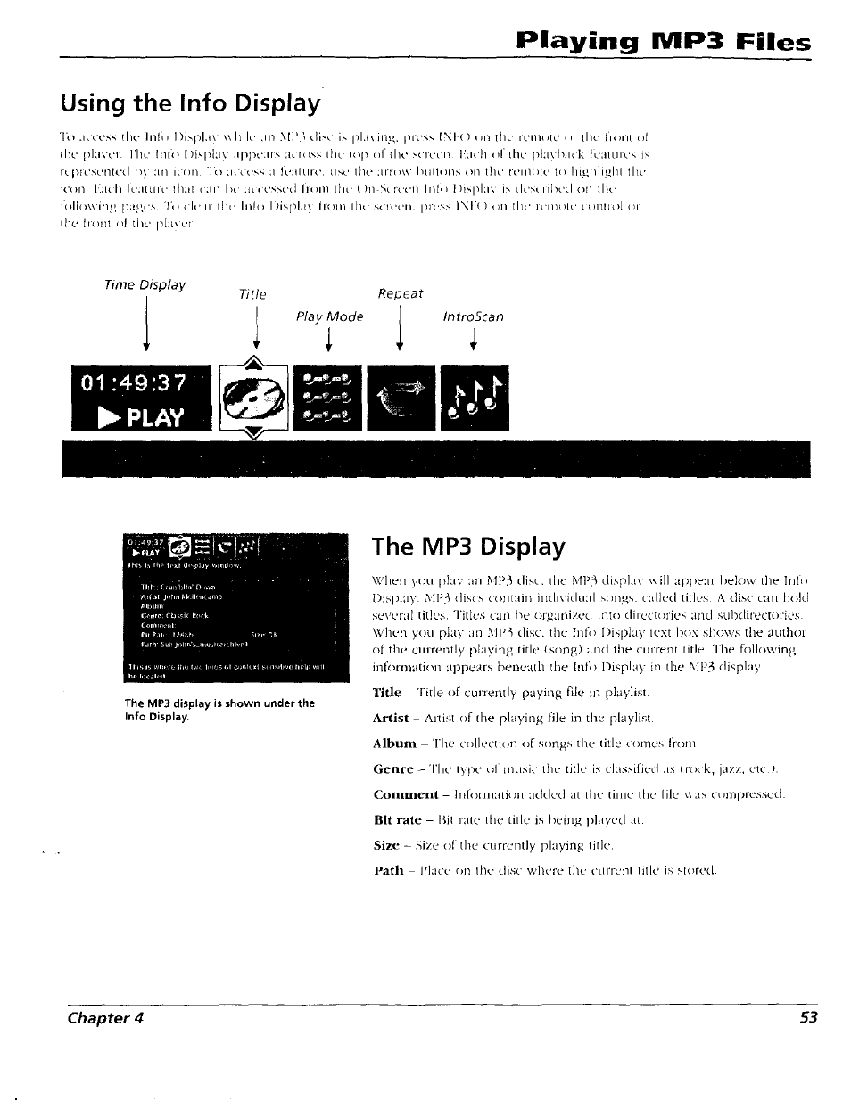 Using the info display, Play, The mp3 display | Playing ivip3 files | RCA RC5227P User Manual | Page 55 / 111