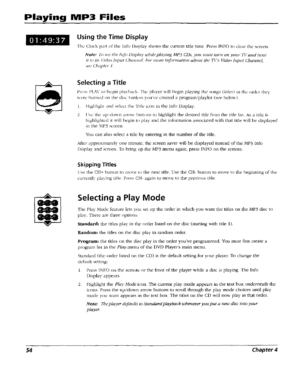 Using the time display, Selecting a title, Skipping titles | Selecting a play mode, Playing mp3 files, 4 9 : 3 7 using the time display | RCA RC5227P User Manual | Page 56 / 111