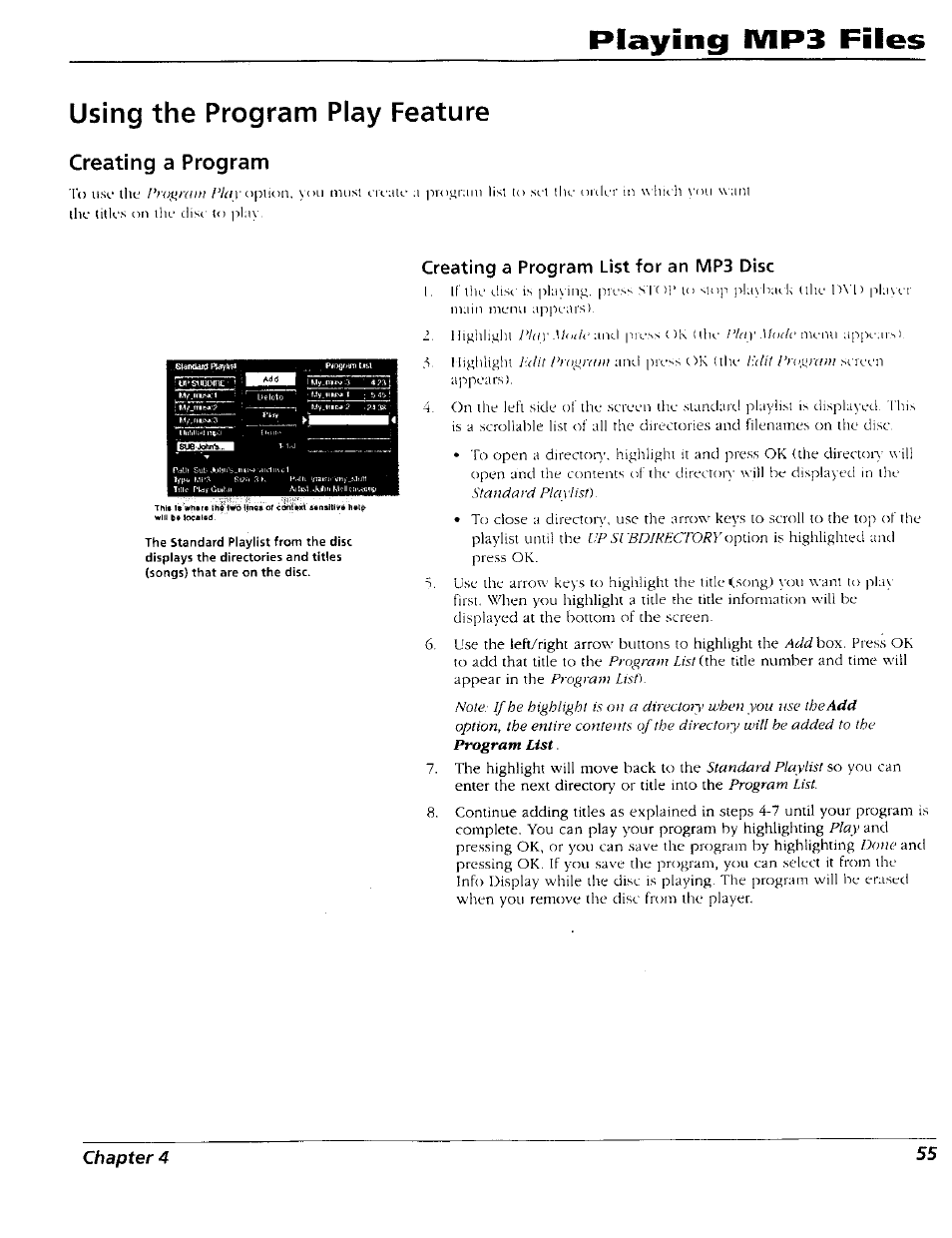 Using the program play feature, Creating a program, Creating a program list for an mp3 disc | Playing mp3 files | RCA RC5227P User Manual | Page 57 / 111