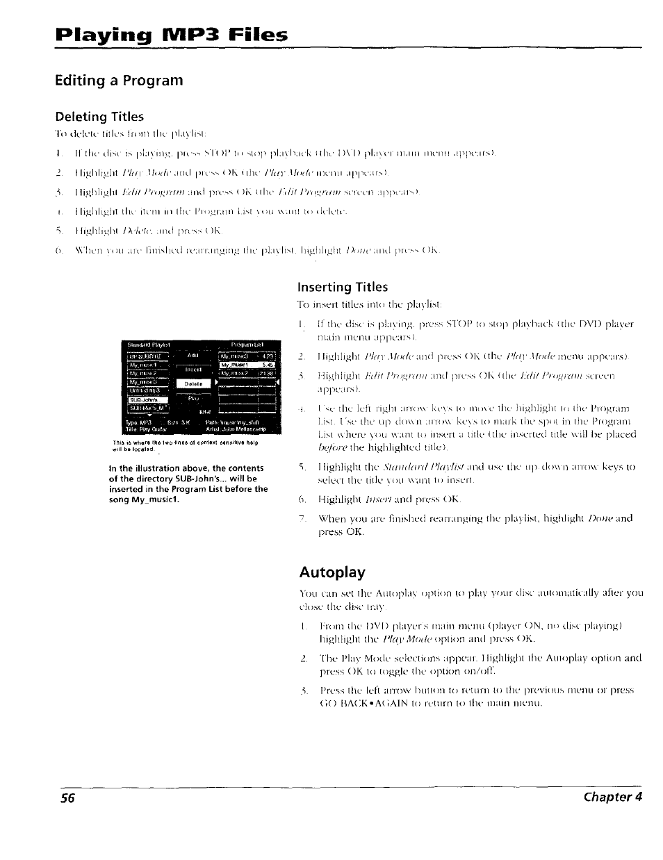 Editing a program, Deleting titles, Inserting titles | Autoplay, Plaiyingi mp3 files | RCA RC5227P User Manual | Page 58 / 111