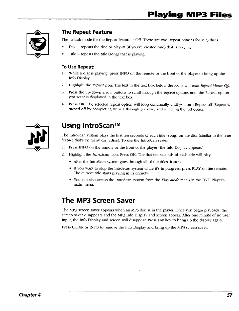 Playin0 mp3 files, The repeat feature, To use repeat | Using introscan, The mp3 screen saver, Playin, Mp3 files | RCA RC5227P User Manual | Page 59 / 111