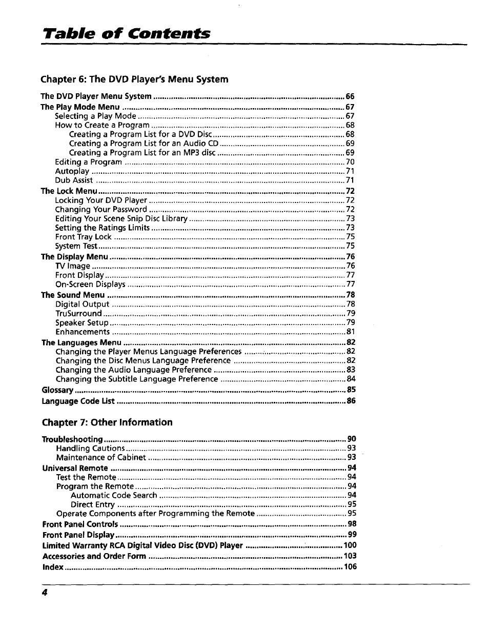 Chapter 6: the dvd player's menu system, Chapter 7: other information | RCA RC5227P User Manual | Page 6 / 111