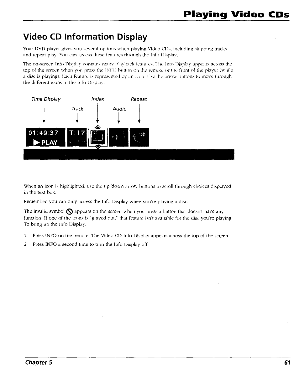 Video cd information display, The video cd information display, Playing video cds | RCA RC5227P User Manual | Page 63 / 111