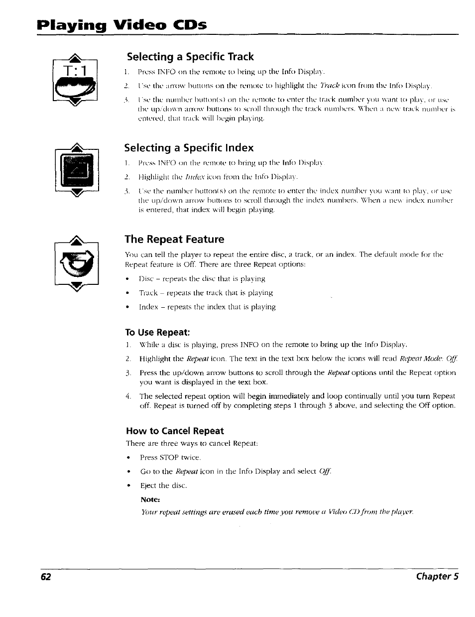 Selecting a specific track, Selecting a specific index, The repeat feature | To use repeat, How to cancel repeat, Playing video cps | RCA RC5227P User Manual | Page 64 / 111