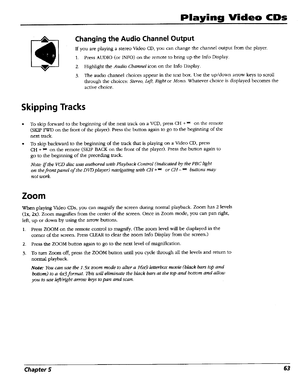Changing the audio channel output, Skipping tracks, Zoom | Playing video cds | RCA RC5227P User Manual | Page 65 / 111