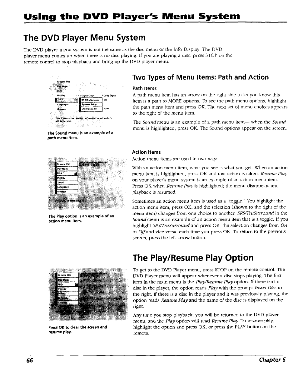 The dvd player menu system, Two types of menu items: path and action, Path items | Action items, The play/resume play option, Using the pvp player's menu system | RCA RC5227P User Manual | Page 68 / 111