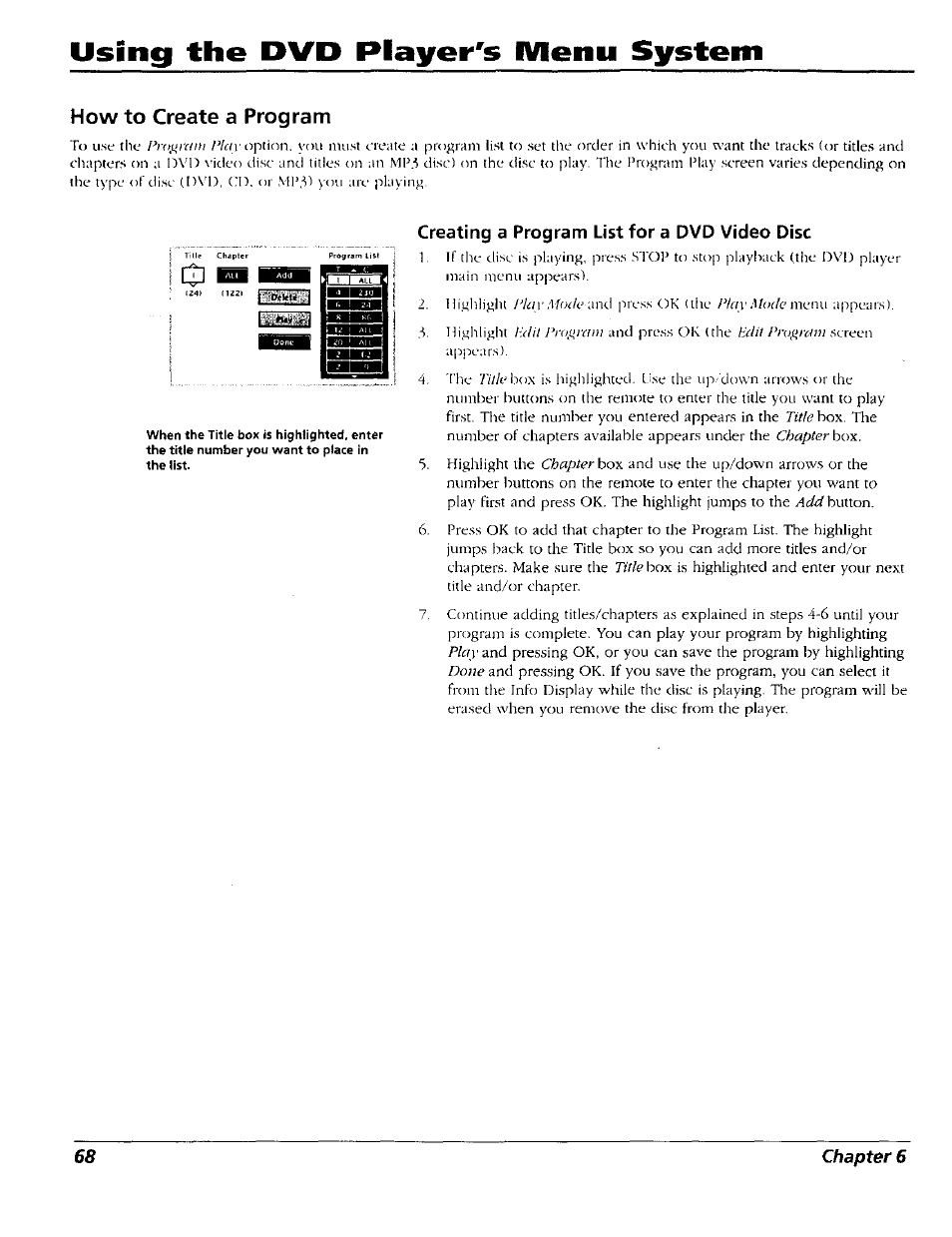 How to create a program, Creating a program list for a dvd video disc, Creating a program list for a dvd disc | Using the dvd player's ivienu system | RCA RC5227P User Manual | Page 70 / 111