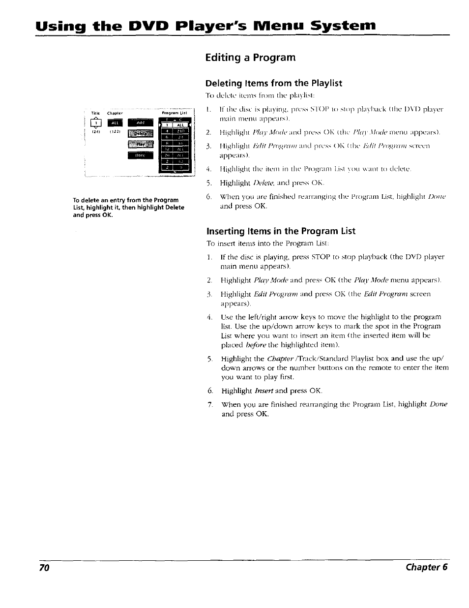 Editing a program, Deleting items from the playlist, Inserting items in the program list | Using the dvd player's ivienu system | RCA RC5227P User Manual | Page 72 / 111