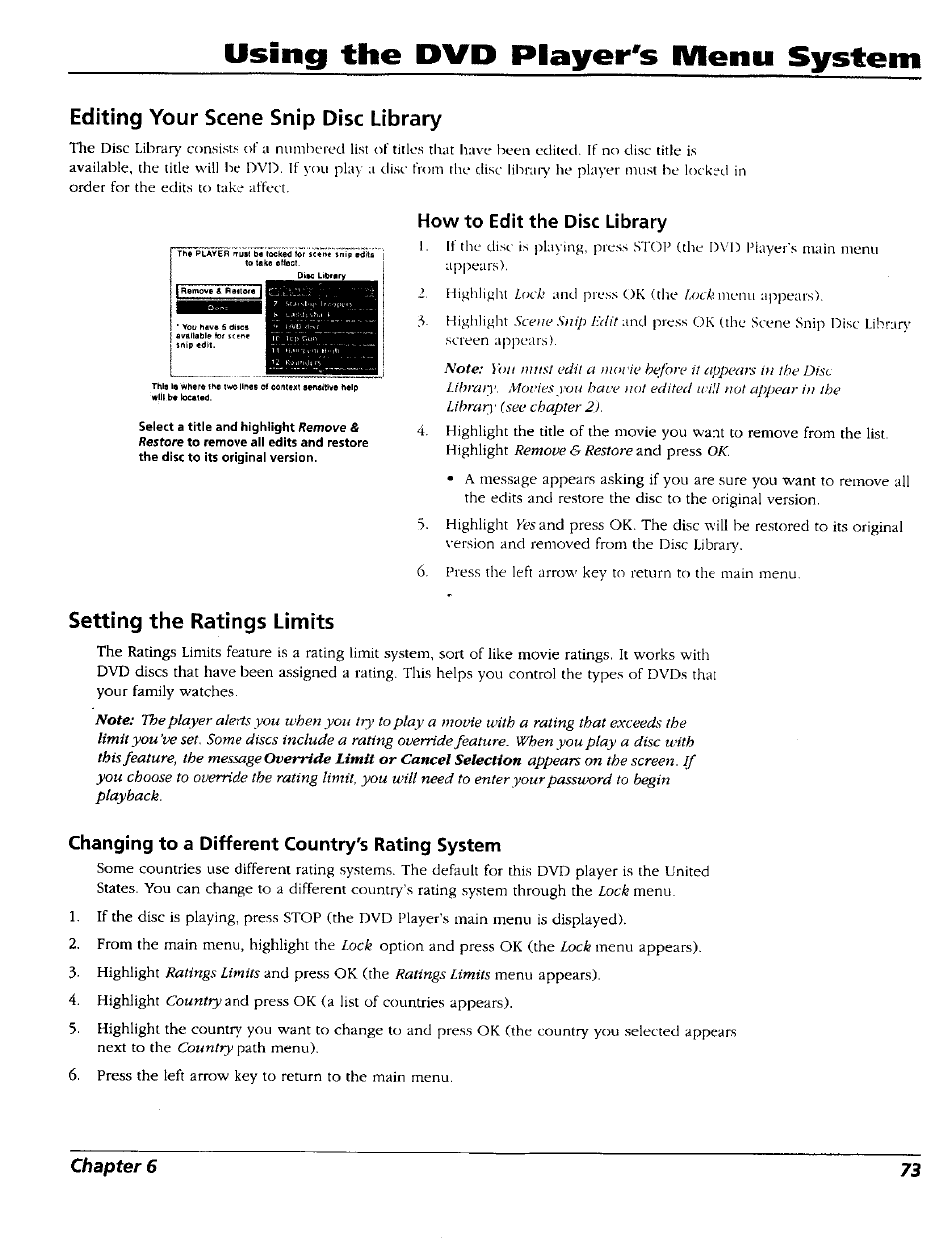 Editing your scene snip disc library, How to edit the disc library, Setting the ratings limits | Changing to a different country's rating system, Using the dvd player's iwenu system | RCA RC5227P User Manual | Page 75 / 111