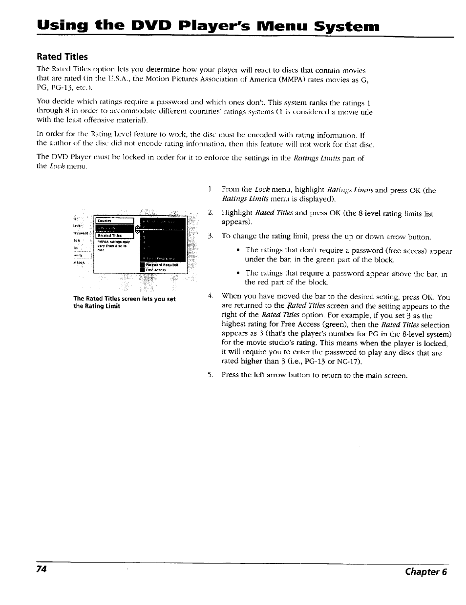 Rated titles, Using the dvd player's menu system | RCA RC5227P User Manual | Page 76 / 111
