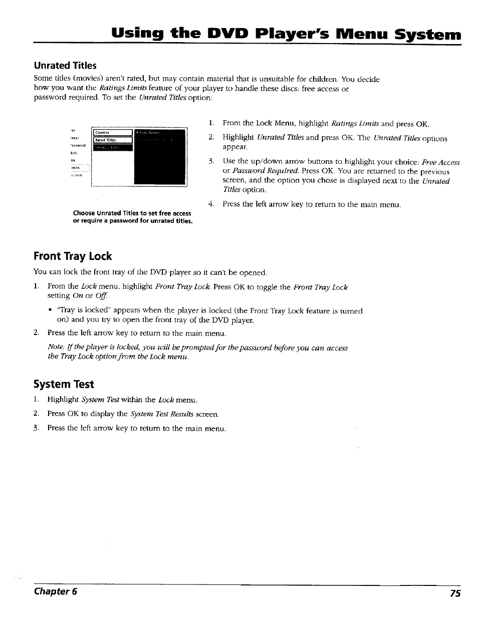 Unrated titles, Front tray lock, System test | Using the dvd player's b/leiiu system | RCA RC5227P User Manual | Page 77 / 111
