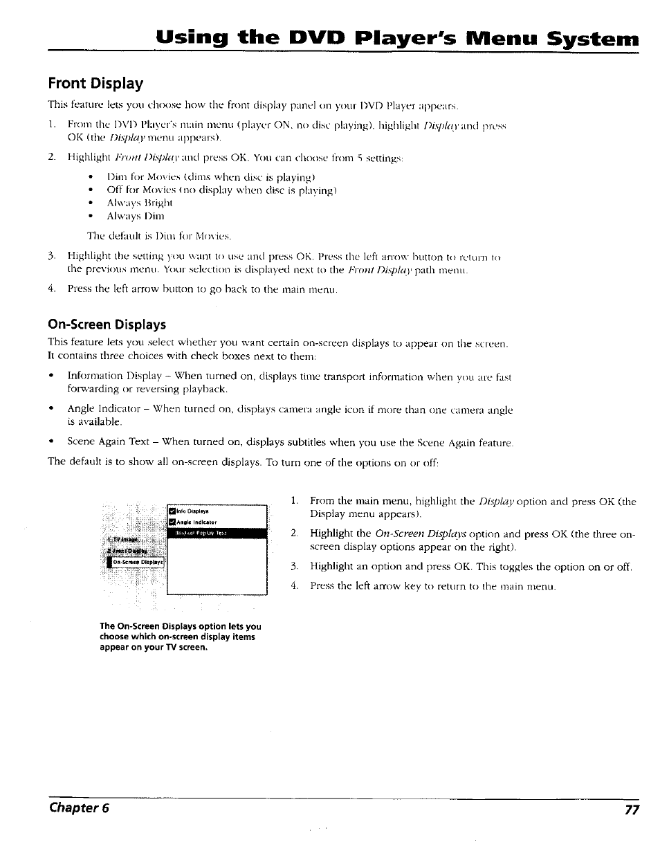 Front display, On-screen displays, Front display on-screen displays | Usingf the pvp player's menu system | RCA RC5227P User Manual | Page 79 / 111