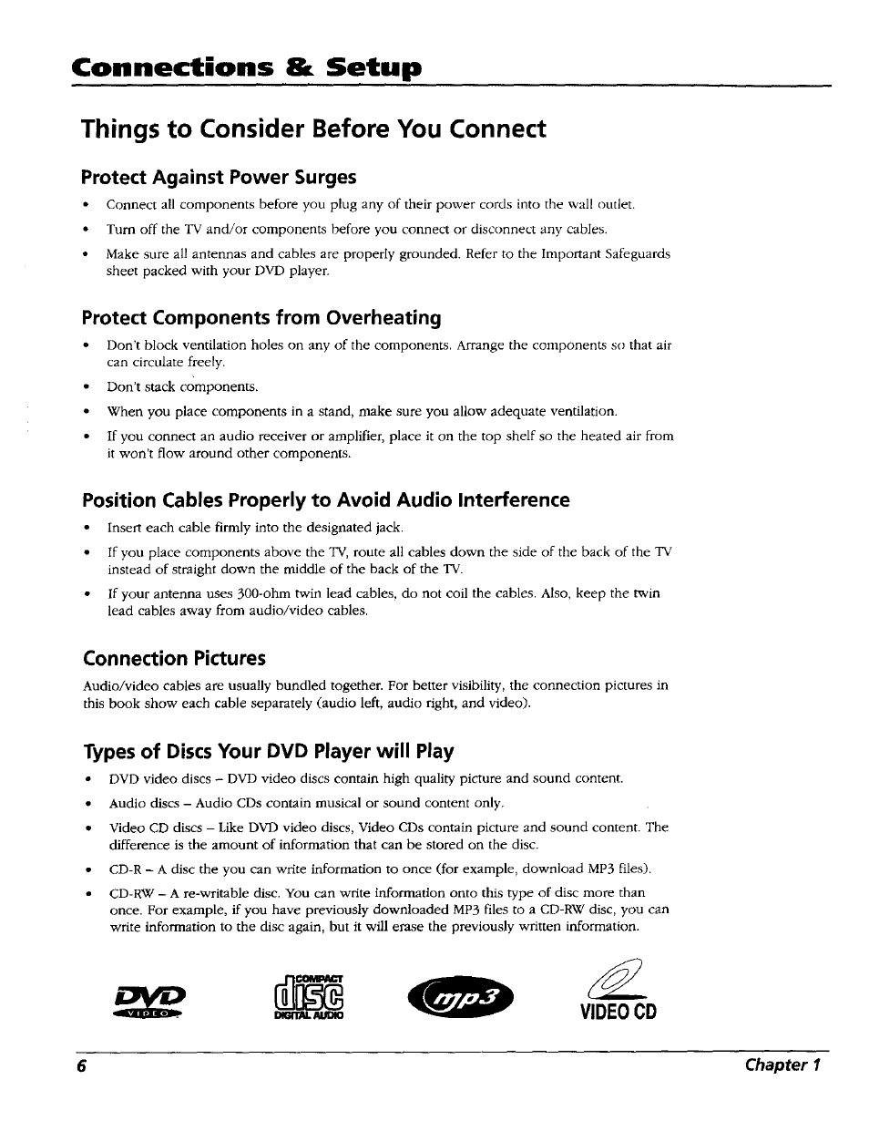 Things to consider before you connect, Protect against power surges, Protect components from overheating | Connection pictures, Types of discs your dvd player will play, Connections & setup | RCA RC5227P User Manual | Page 8 / 111