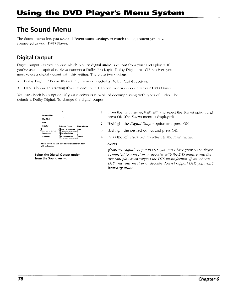 The sound menu, Digital output, Using the dvd player's menu system | RCA RC5227P User Manual | Page 80 / 111