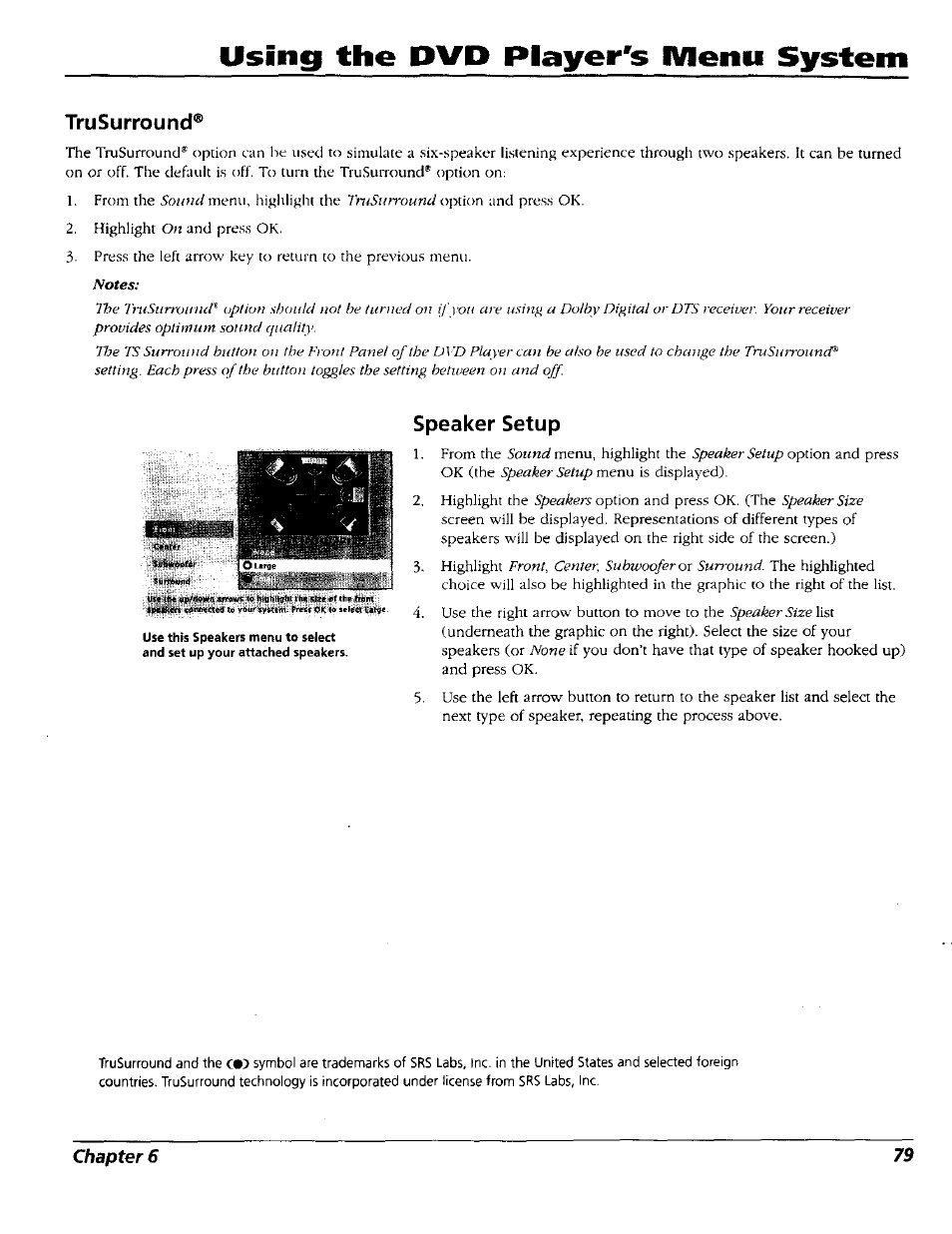 Trusurround, Speaker setup, Using the pvp player^s ivleim system | RCA RC5227P User Manual | Page 81 / 111
