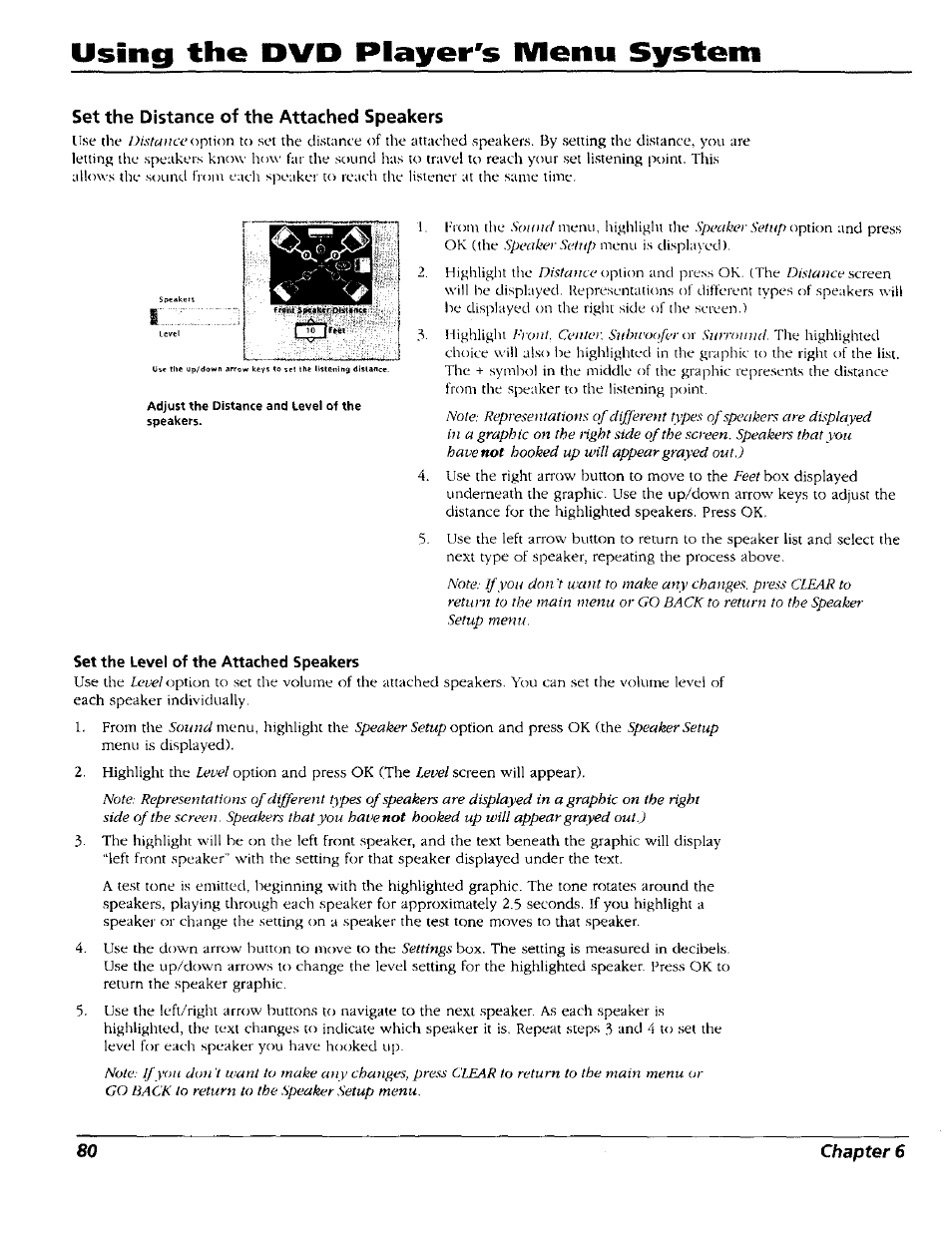 Set the distance of the attached speakers, Set the level of the attached speakers, Using the dvd player's menu system | RCA RC5227P User Manual | Page 82 / 111