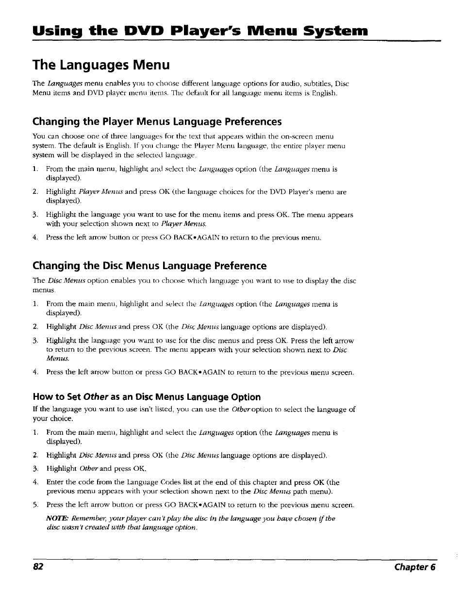 The languages menu, Changing the player menus language preferences, Changing the disc menus language preference | How to set other as an disc menus language option, Using the dvd player's menu system | RCA RC5227P User Manual | Page 84 / 111