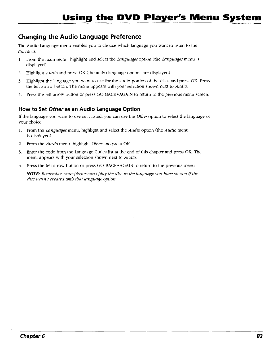 Changing the audio language preference, How to set other as an audio language option, Using the dvd player's menu system | RCA RC5227P User Manual | Page 85 / 111