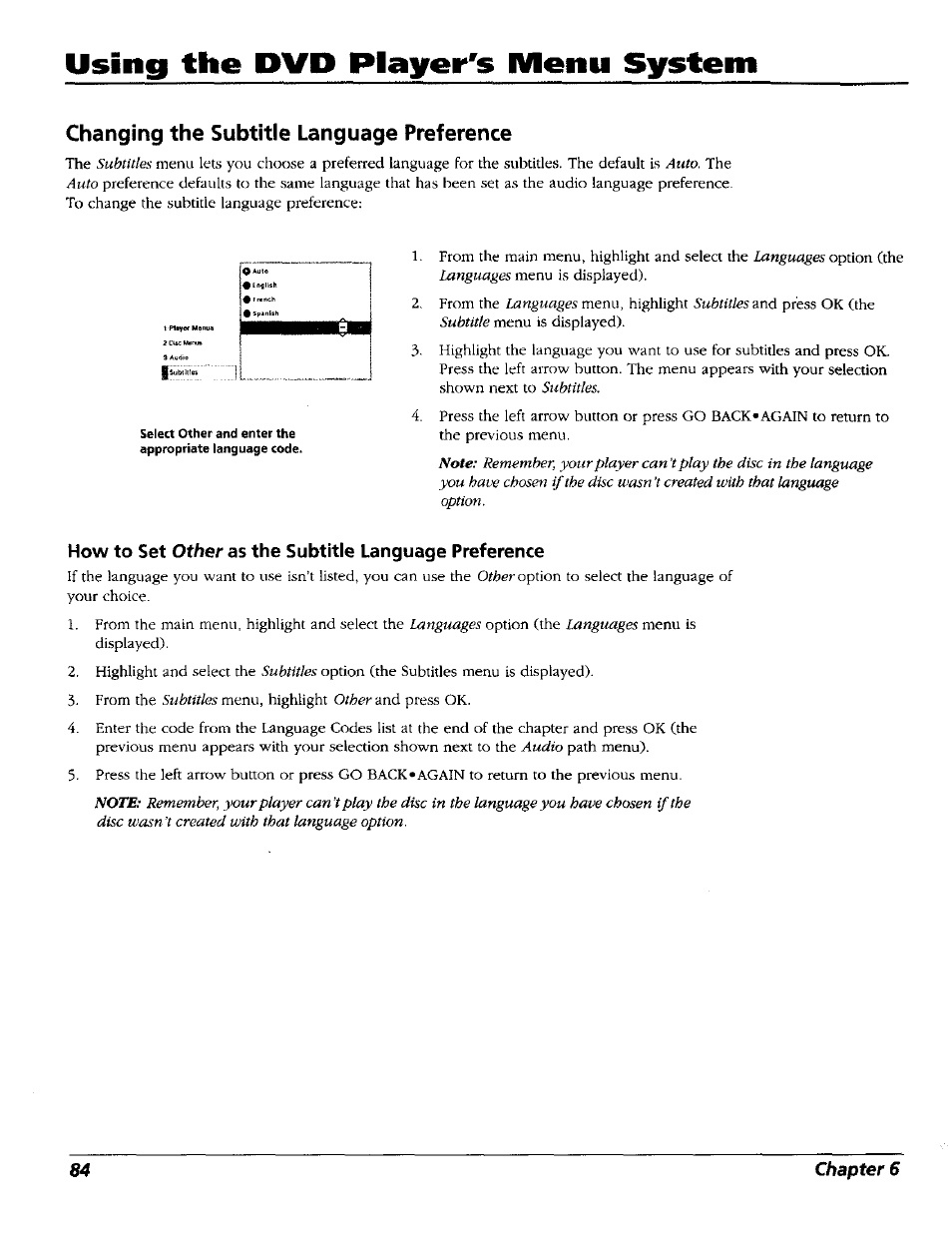 Changing the subtitle language preference, Using the dvd player's menu system, How to set | As the subtitle language preference | RCA RC5227P User Manual | Page 86 / 111