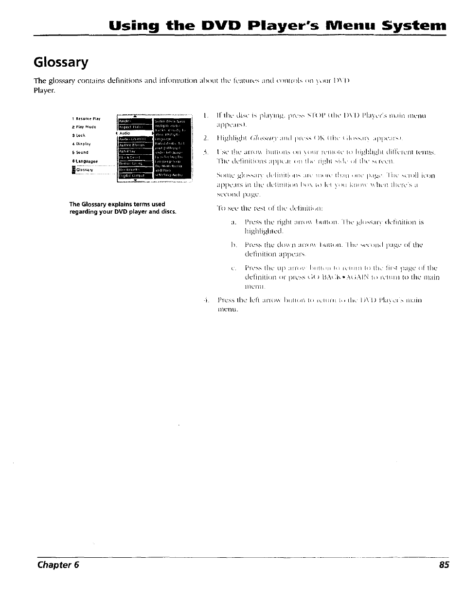 Glossary, Using the dvd player's iviemi system, Chapter 6 85 | RCA RC5227P User Manual | Page 87 / 111