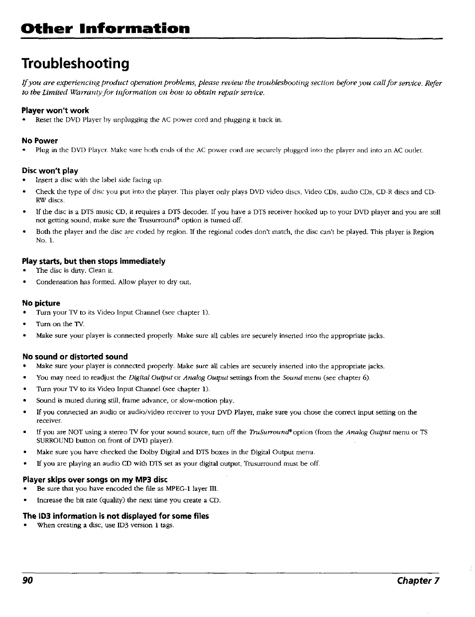 Troubleshooting, Player won't work, No power | Disc won't play, Play starts, but then stops immediately, No picture, No sound or distorted sound, Player skips over songs on my mp3 disc, Other information | RCA RC5227P User Manual | Page 92 / 111