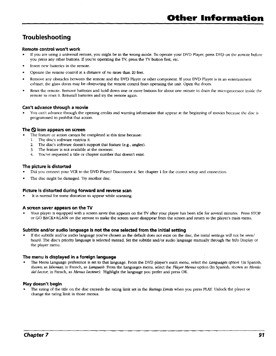 Troubleshooting, Remote control won't work, Can't advance through a movie | The o icon appears on screen, The picture is distorted, A screen saver appears on the tv, The menu is displayed in a foreign language, Play doesn't begin, Other information | RCA RC5227P User Manual | Page 93 / 111