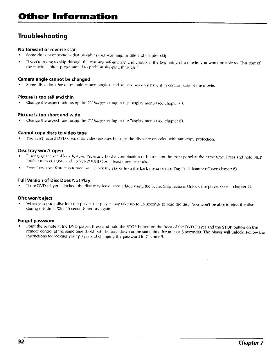 Troubleshooting, No forward or reverse scan, Camera angle cannot be changed | Picture is too tali and thin, Picture is too short and wide, Cannot copy discs to video tape, Disc tray won't open, Full version of disc does not play, Disc won't eject, Forgot password | RCA RC5227P User Manual | Page 94 / 111