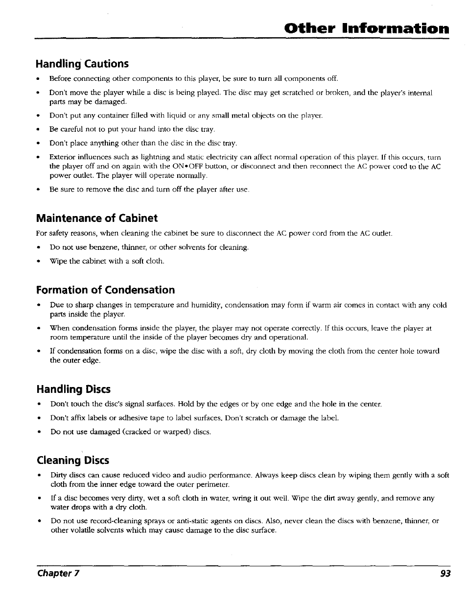 Handling cautions, Maintenance of cabinet, Formation of condensation | Handling discs, Cleaning discs, Handling cautions maintenance of cabinet, Other information | RCA RC5227P User Manual | Page 95 / 111