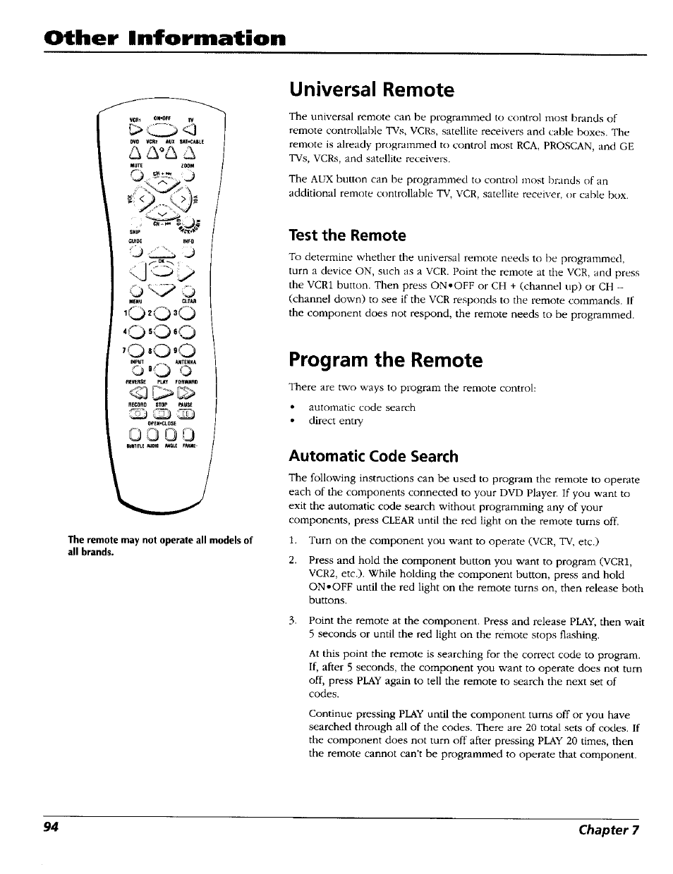 Universal remote, Test the remote, Program the remote | Automatic code search, Other liiformation | RCA RC5227P User Manual | Page 96 / 111