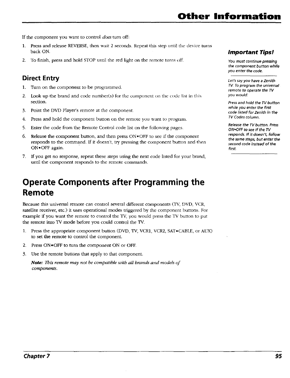 Direct entry, Operate components after programming the remote, Other information | Important tips | RCA RC5227P User Manual | Page 97 / 111