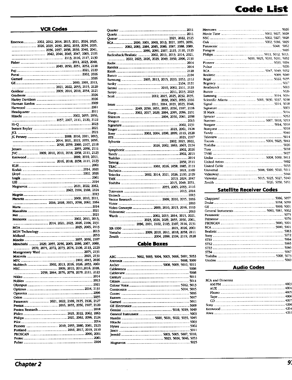 Code list, Chapter 2 9, Vcr codes | Cable boxes, Satellite receiver codes, Audio codes | RCA RC5227P User Manual | Page 99 / 111