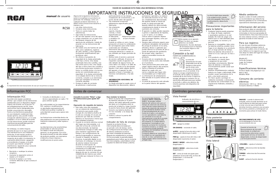 Importante instrucciones de segruidad, Rc50, Antes de comenzar información fcc | Controles generales, Conexión a la red, Manual de usuario, Información fcc, Precauciones importantes para la batería, Medio ambiente, Informacion del servicio | RCA RC50 User Manual | Page 2 / 4