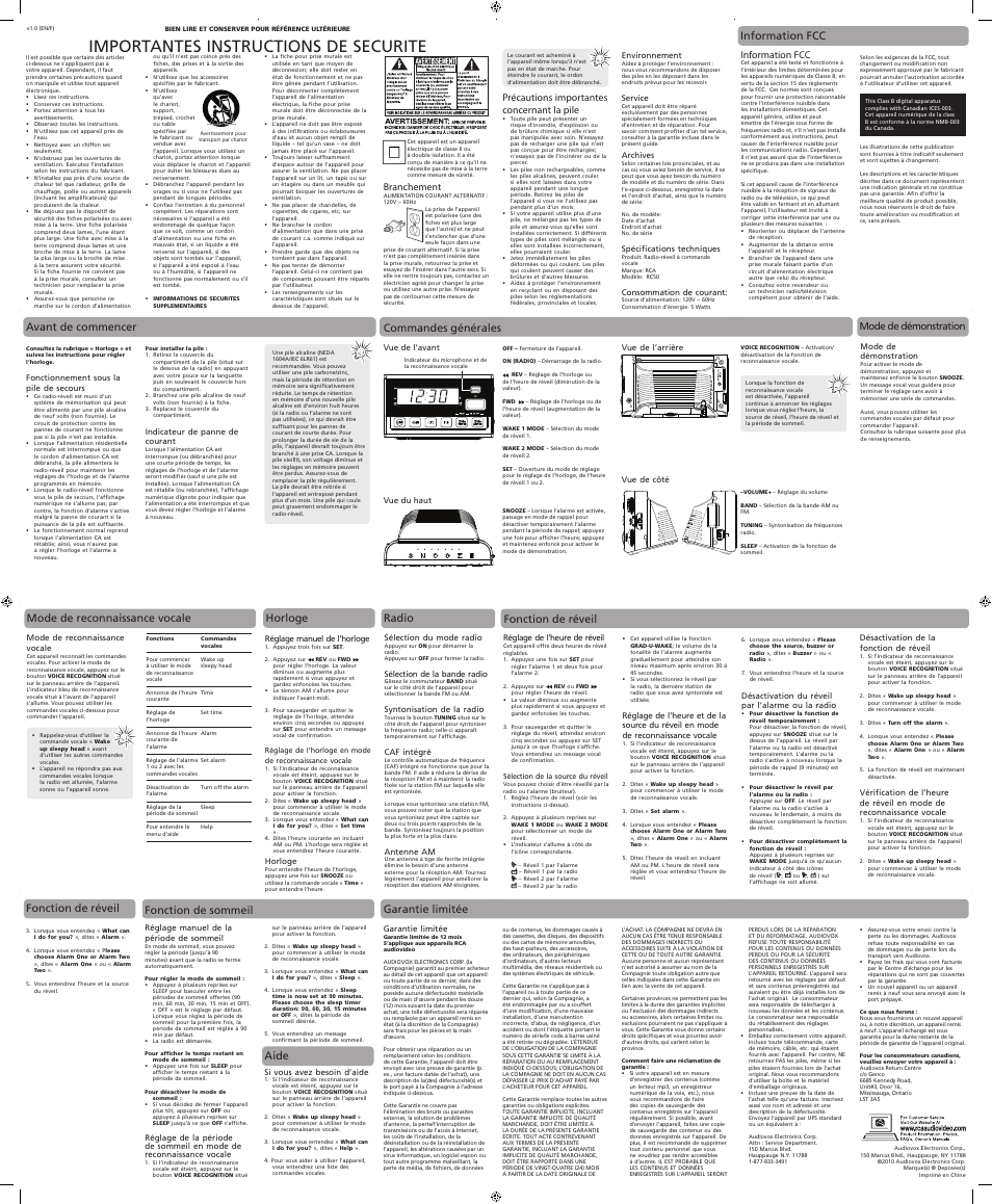 Importantes instructions de securite, Avant de commencer information fcc horloge, Commandes générales | Radio, Fonction de réveil, Fonction de sommeil, Garantie limitée, Branchement, Information fcc, Mode de démonstration | RCA RC50 User Manual | Page 4 / 4