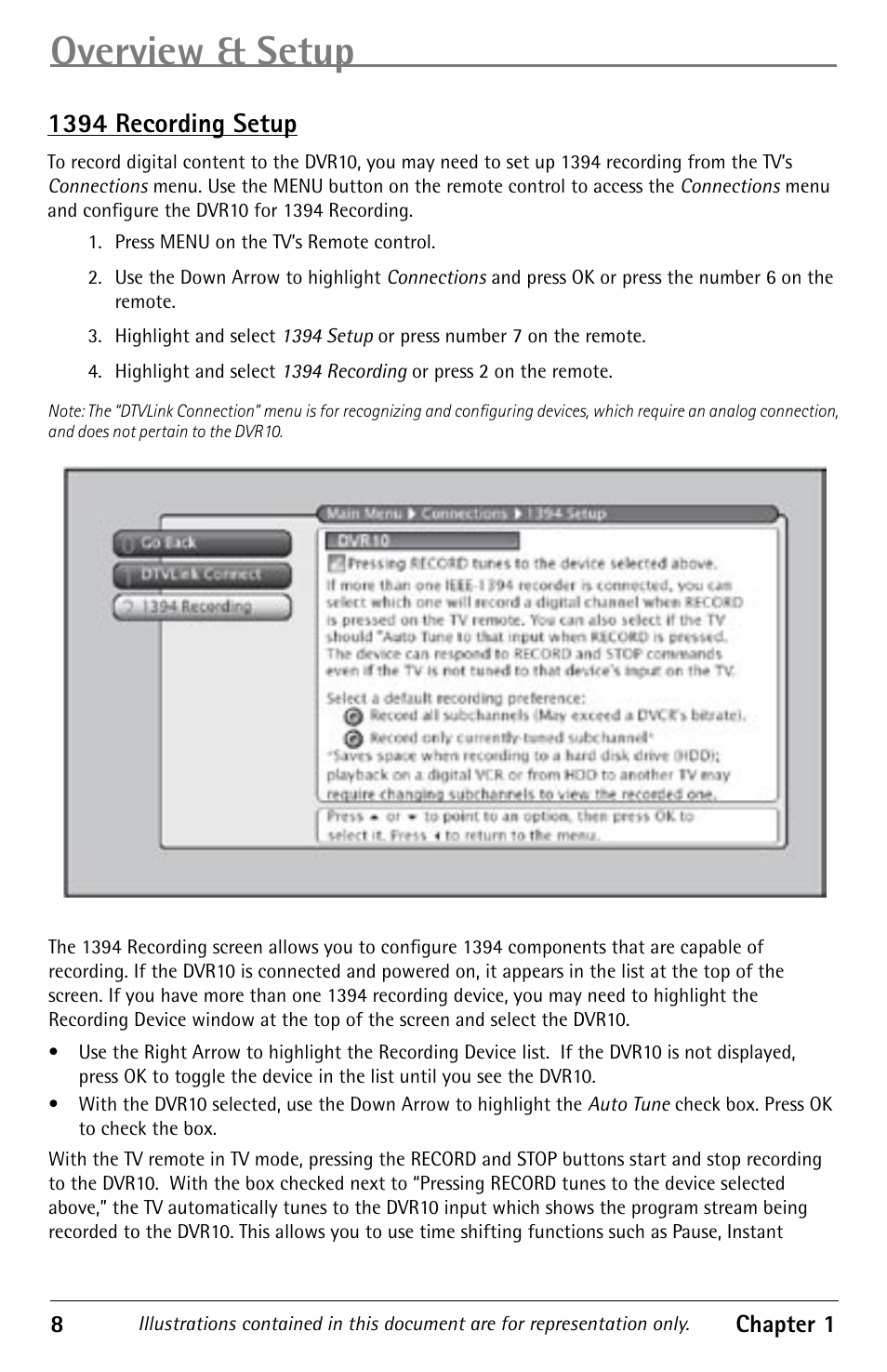 Overview & setup, 1394 recording setup | RCA DVR10 User Manual | Page 10 / 20