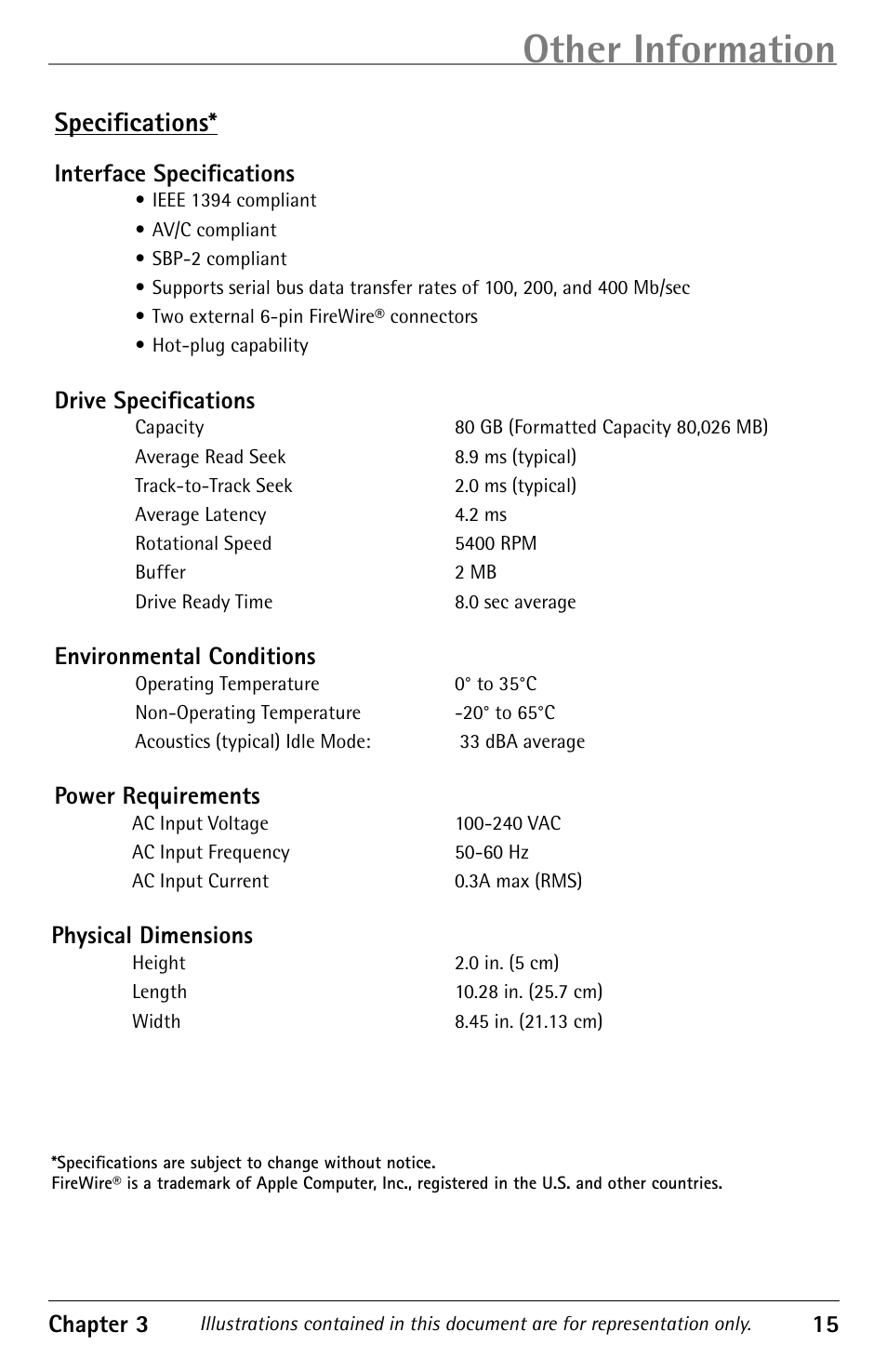 Chapter 3: other information, Other information, Specifications | 14 chapter 3, Chapter 3 15, Interface specifications, Drive specifications, Environmental conditions, Power requirements, Physical dimensions | RCA DVR10 User Manual | Page 17 / 20