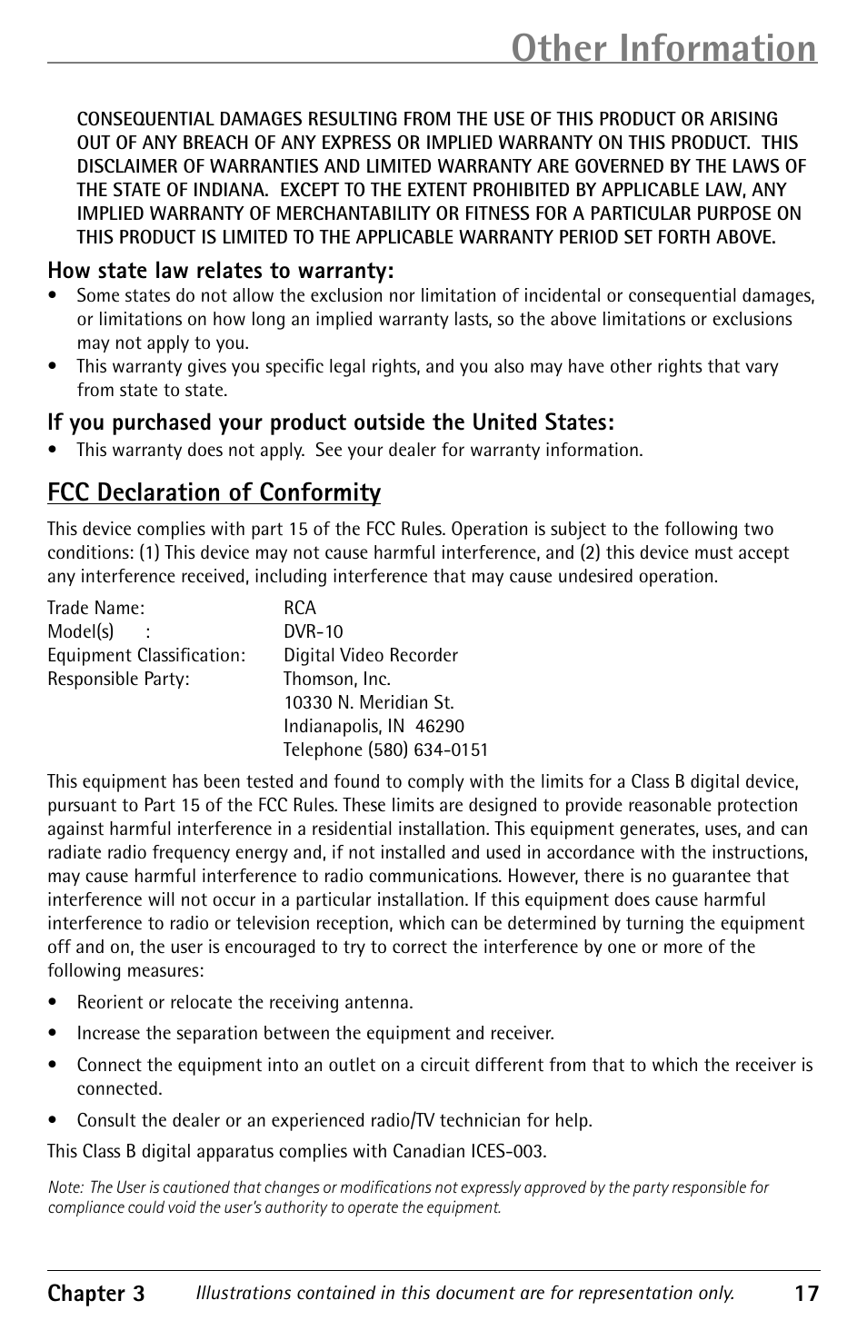 Other information, Fcc declaration of conformity | RCA DVR10 User Manual | Page 19 / 20