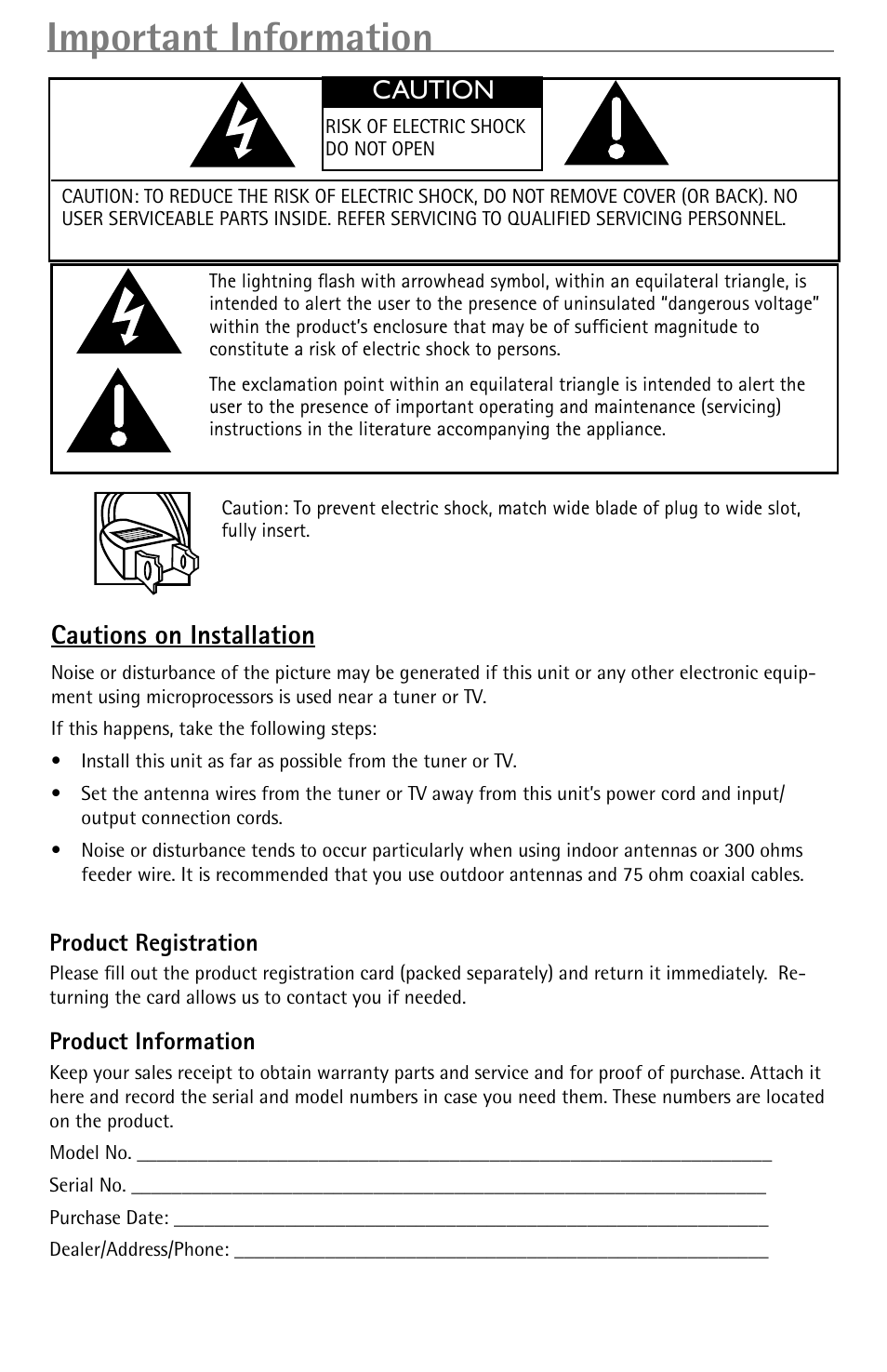 Important information, Caution, Cautions on installation | RCA DVR10 User Manual | Page 2 / 20