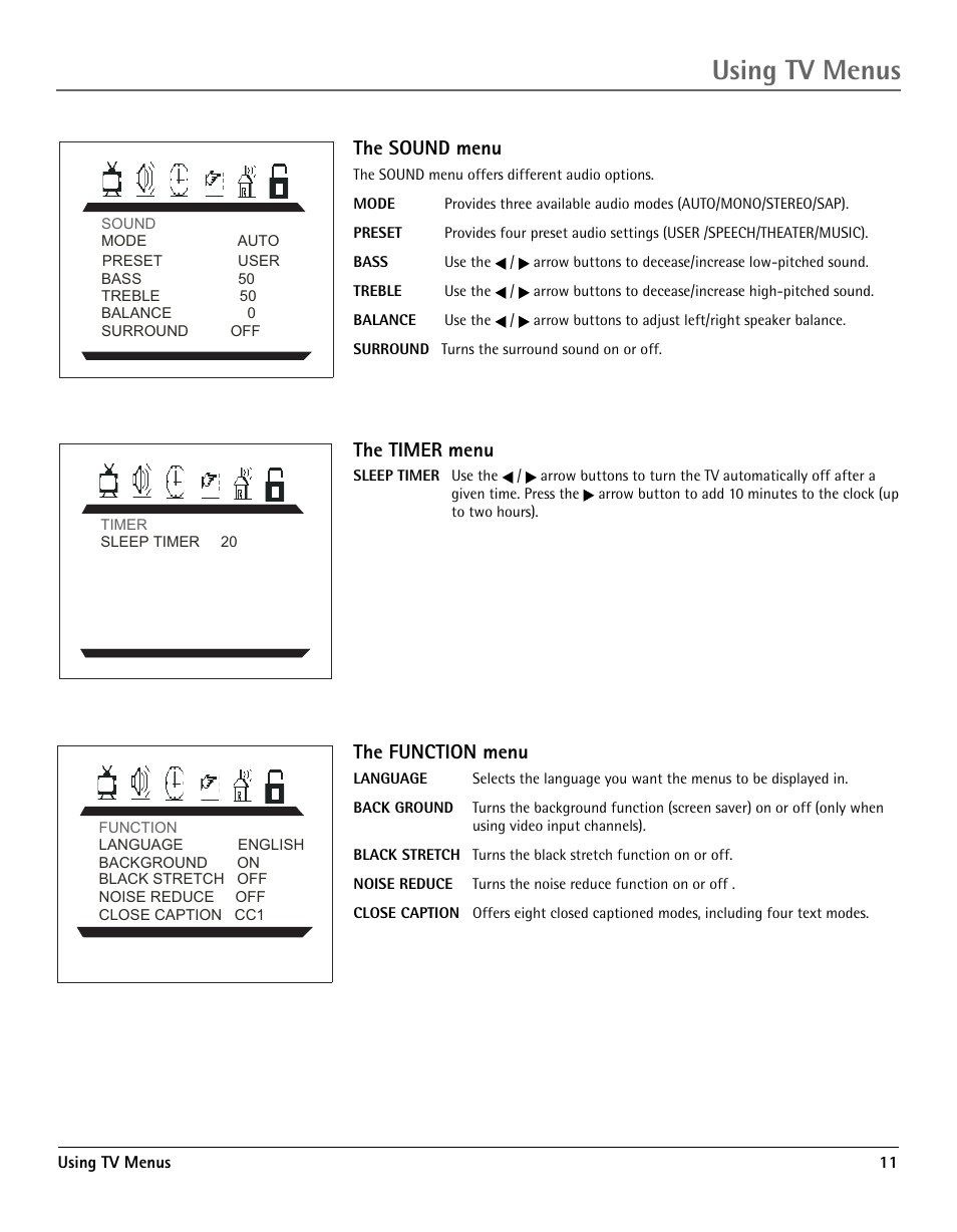 The sound menu, The timer menu, The function menu | The picture menu the sound menu, Using tv menus | RCA TV/DVD User Manual | Page 11 / 34