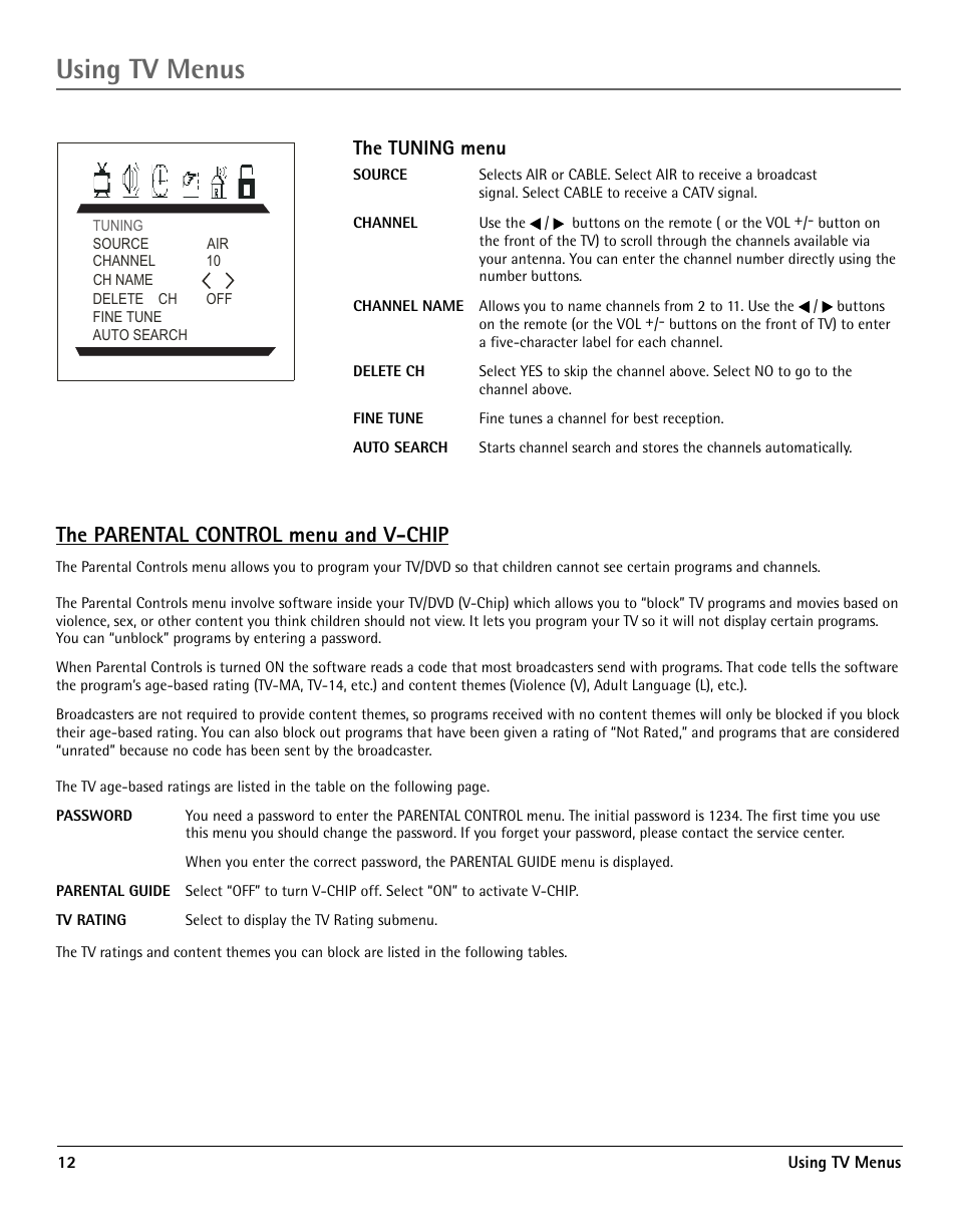 The parental control menu, Blocking tv ratings, The timer menu the function menu | And v-chip, Using tv menus, The parental control menu and v-chip, The tuning menu | RCA TV/DVD User Manual | Page 12 / 34